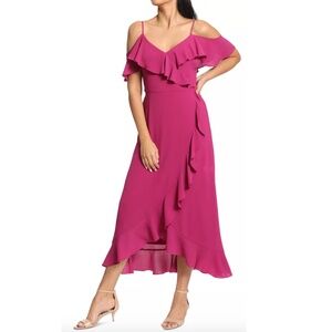 London Times Ruffled Midi Dress Long Feminine Flowy Wrap Plumberry Pink NWT